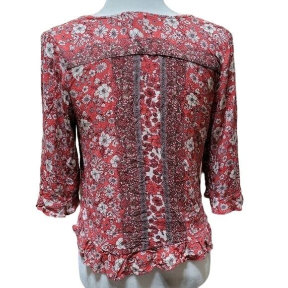 Rose & Thyme Women's Size Medium Pink Floral Peasant Top Boho Hippie 3/4 Sleeve - Picture 4 of 6